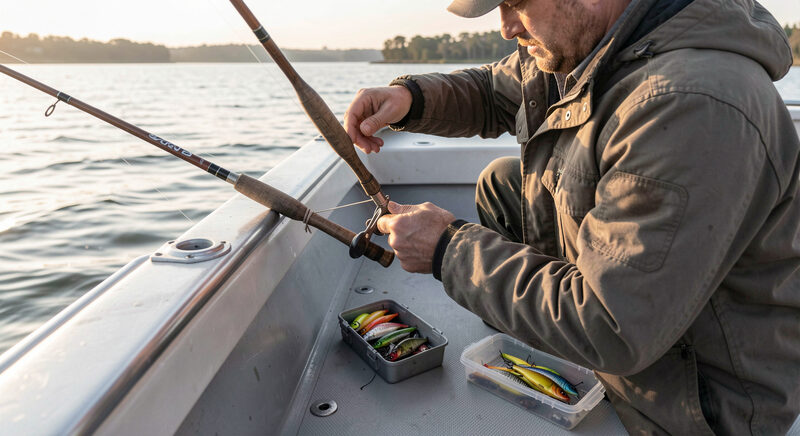 An angler on a boat deck checking a knot by the rail, a fishing rod and a small box of lures beside them, soft morning light.