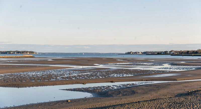 A wide view of Cape Cod Bay at low tide from the shore, wet sand flats stretching toward calm blue water under a pale morning sky.