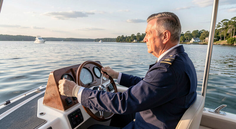 A captain at the helm of a small charter boat looking ahead over calm bay water, hands on the wheel, morning light.