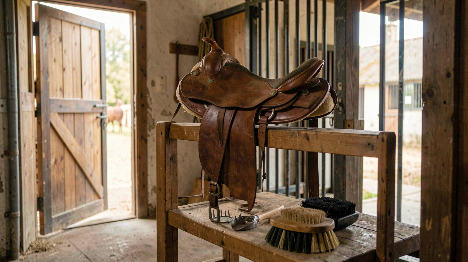 A leather saddle resting on a wooden rack in a stable aisle, morning light entering from an open door, hoof pick and brush on the shelf below, medium shot.