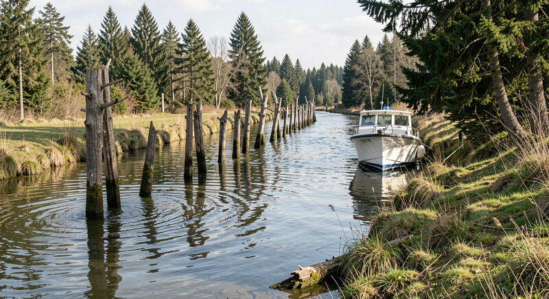 A low-angle photograph of a tidal flat at Rock Harbor at mid-morning, boot prints and a narrow drainage channel crossing wet sand, with a moored skiff hull out of focus in the upper right.